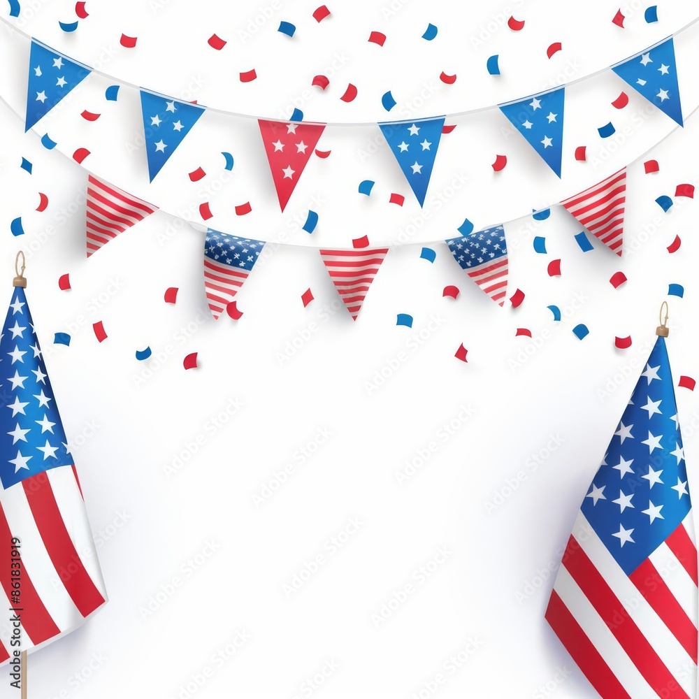 Harmonious design for USA National Day, showcasing a festive gathering with American flags, set on a simple white background Harmonious design for USA National Day, showcasing a festive gathering with American flags, set on a simple white background