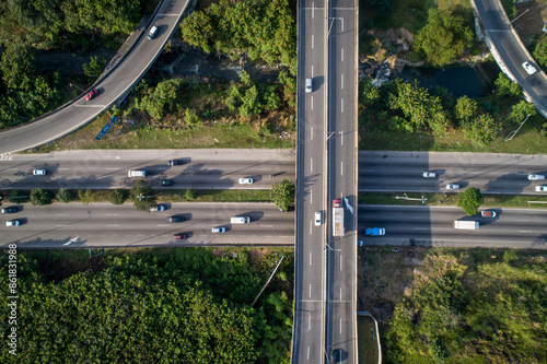 Highway full of cars seen from a drone