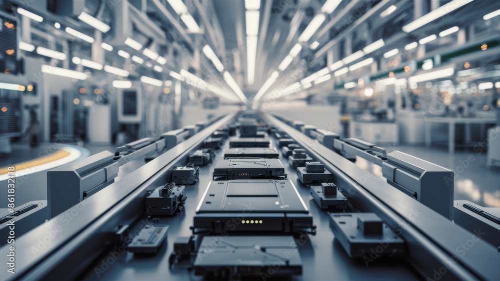 A conveyor belt with electronics on it in a factory, AI A conveyor belt with electronics on it in a factory, AI