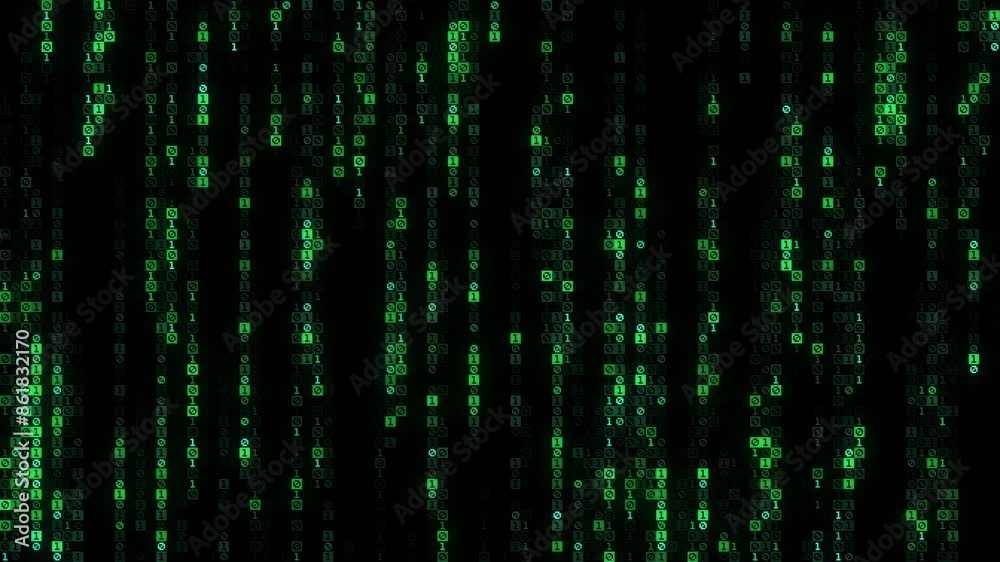 Running binary code. Storage and transfer of information concept. 3D render seamless loop animation