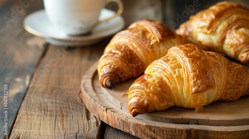 Freshly baked croissants paired with a cup of coffee on a rustic wooden table, perfect for a cozy breakfast