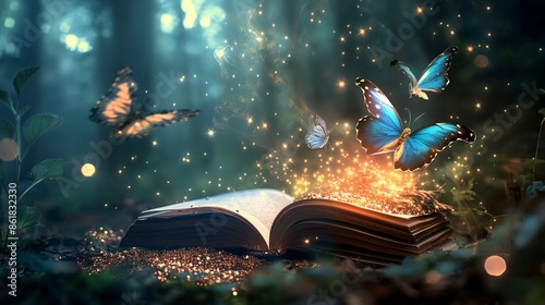 
A mystical open book emitting radiant lights and surrounded by glittering magic powder, with ethereal butterflies hovering in a lush fairy forest. 