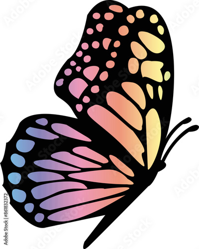 Colorful Butterfly with Magenta Wings Flies in the Air against White Background. Ethereal Butterfly Wings Art. Iridescent Podaliriy Concept Aesthetic. photo