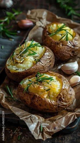 Three roasted potatoes with rosemary and garlic