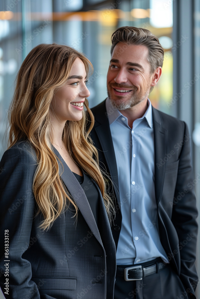 A woman and a Caucasian man are talking in a building. A woman and a Caucasian man are talking in a building.