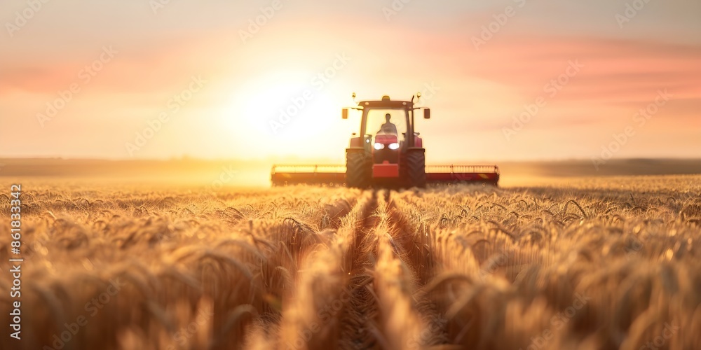 Autonomous tractor plowing wheat field at sunrise with GPS technology in hyperrealistic style. Concept Agriculture, Farming Technology, GPS Technology, Hyperrealism Art, Wheat Field Autonomous tractor plowing wheat field at sunrise with GPS technology in hyperrealistic style. Concept Agriculture, Farming Technology, GPS Technology, Hyperrealism Art, Wheat Field
