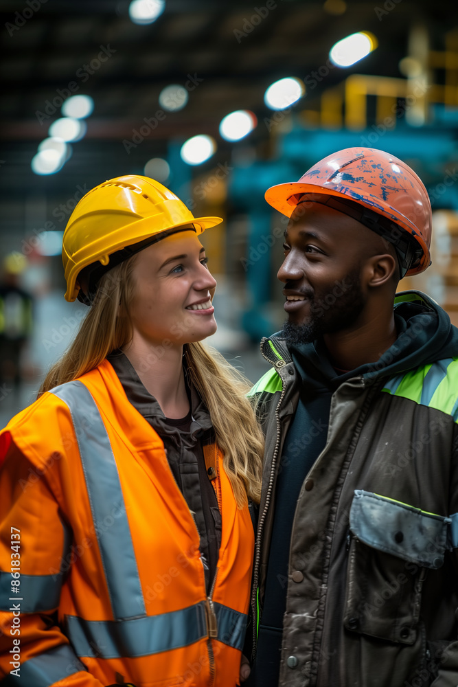 A couple of employees are talking in the warehouse. A couple of employees are talking in the warehouse.