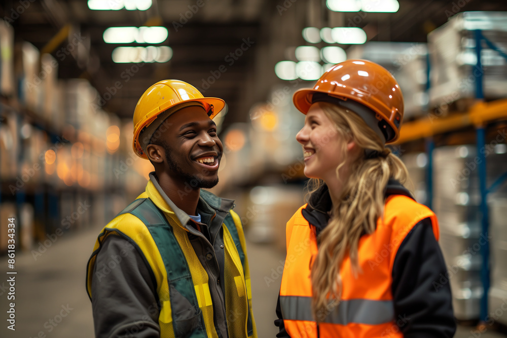 A couple of employees are talking in the warehouse. A couple of employees are talking in the warehouse.