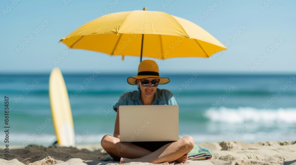 Freelancer working on a laptop under a beach umbrella with ocean view. Relaxed work environment on the beach, laptop in hand, surfboard nearby. Freelancer working on a laptop under a beach umbrella with ocean view. Relaxed work environment on the beach, laptop in hand, surfboard nearby.