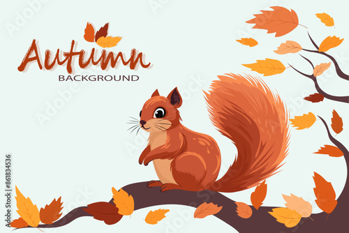 Cute squirrel on an autumn tree branch with beautiful leaves. Autumn season background for cards, posters, banners, prints and holiday designs. Vector illustration of a squirrel.
