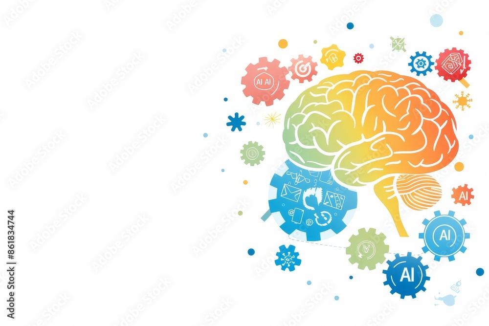 Artistic brain illustration with vibrant colors and gears symbolizing the fusion of creativity and artificial intelligence Artistic brain illustration with vibrant colors and gears symbolizing the fusion of creativity and artificial intelligence