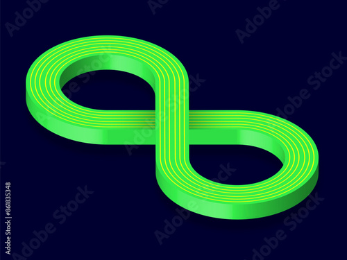Neon green 3D Infinity Symbol on Dark Blue Background. Endless Vector Logo Design. Concept of infinity with shadow for your web site design, logo, app, UI. EPS10.