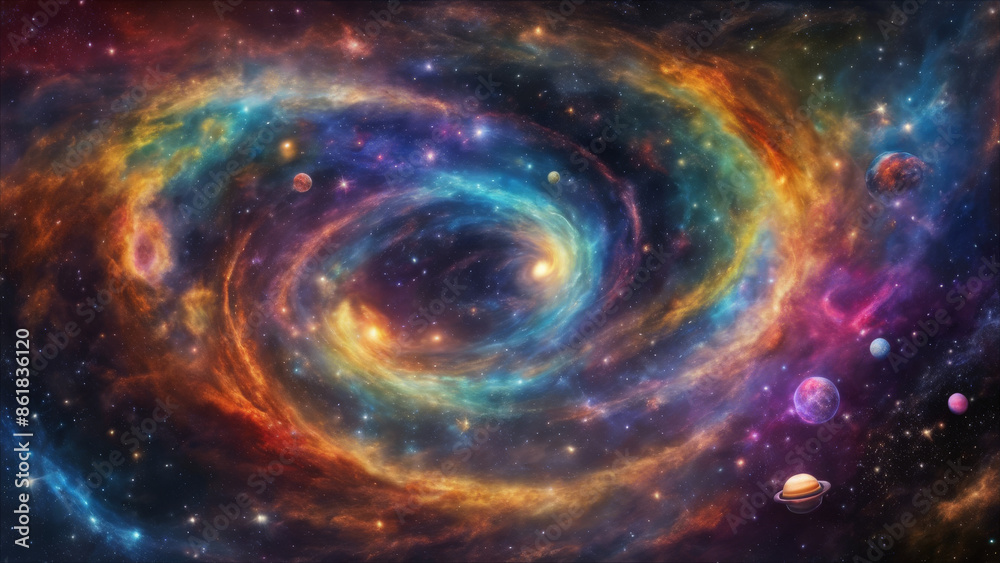 Background wallpaper design featuring a rainbow-colored galaxy and celestial bodies in cosmic space. Background wallpaper design featuring a rainbow-colored galaxy and celestial bodies in cosmic space.