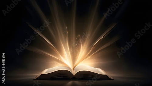 Open book radiating a soft, luminous glow, surrounded by a mysterious, dark environment background