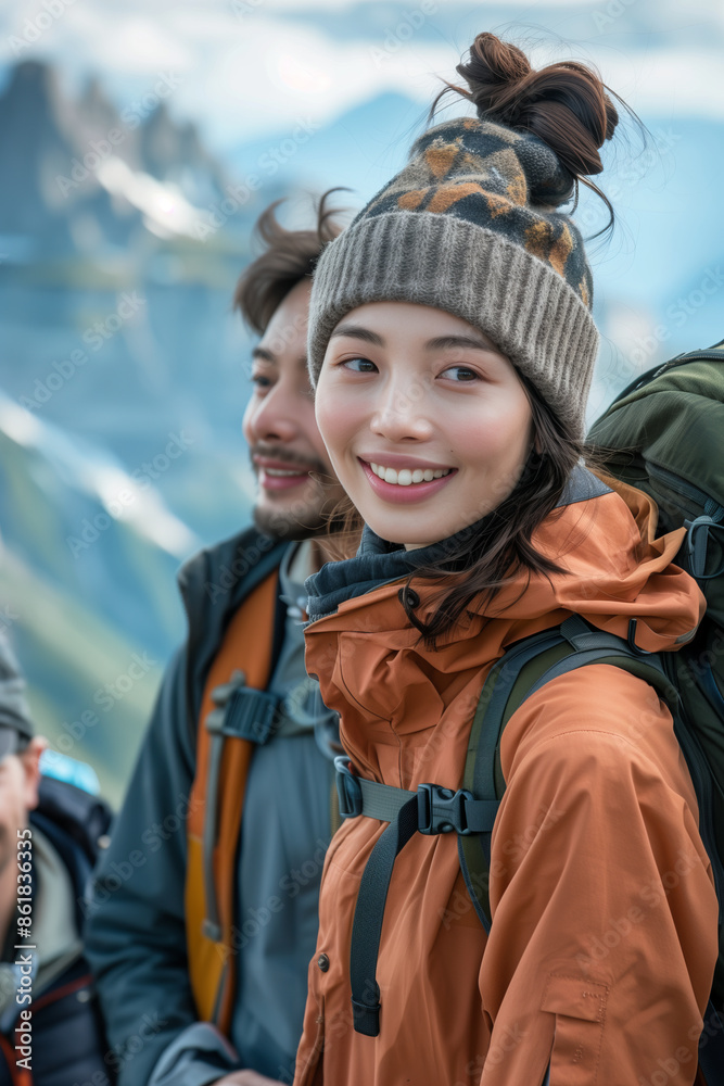 A backpacking couple is happily chatting on top of a mountain. A backpacking couple is happily chatting on top of a mountain.