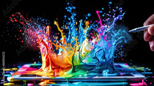 Vibrant colorful paint splashes captured mid-air, showcasing a dynamic mix of hues with a black background, creative and artistic expression.