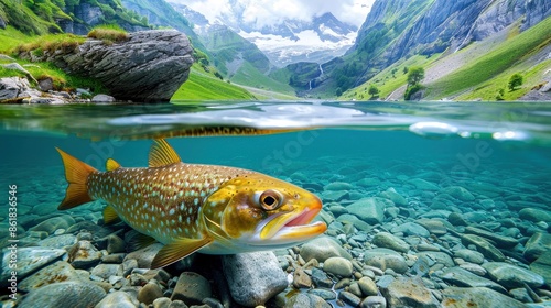 Vibrant underwater scene of a fish swimming in a crystal-clear mountain lake, showcasing lush green hills and snowy peaks in the background.