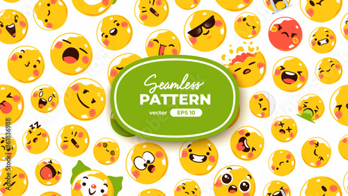 Seamless pattern with yellow emoticons. Emoji set. Vector illustration eps10. Funny faces with facial expressions, UI interface chat icons for messenger app. Social media. Cartoon smile. Flat style.