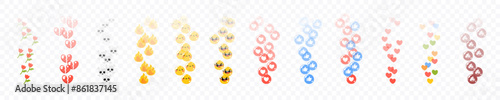 Like icons flying up for live streams or stories. Social media reactions. Smile, flower, fire, poop. Funny faces. Emoticons. Emoji set. Vector illustration eps10. UI interface chat icons. Flat style.