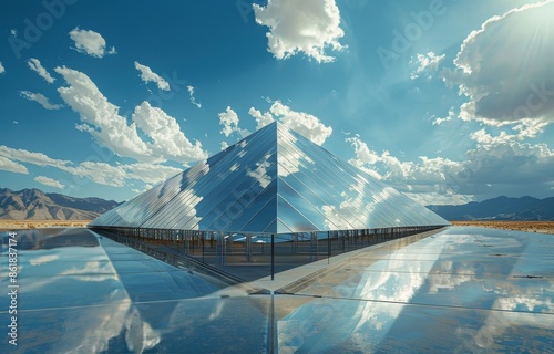 A Large Scale Solar Power Array Reflecting Blue Skies in a Desert Landscape