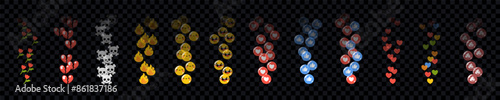 Like icons flying up for live streams or stories. Social media reactions. Smile, flower, fire, poop. Funny faces. Emoticons. Emoji set. Vector illustration eps10. UI interface chat icons. Flat style.