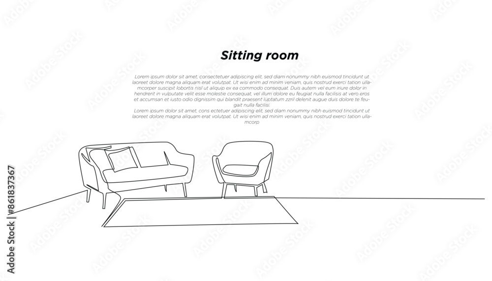 continuous line drawing of a minimalist living room.one line drawing of a sofa chair in the living room.single line vector illustration.isolated white background continuous line drawing of a minimalist living room.one line drawing of a sofa chair in the living room.single line vector illustration.isolated white background