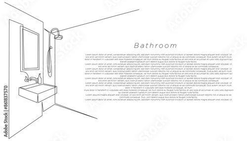 bathroom continuous line drawing.one line drawing of modern bathroom interior.single line vector illustration.isolated white background