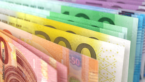 Close-up view of Euro currency banknotes in different denominations