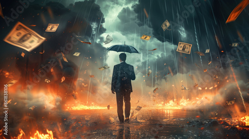 A businessman with an umbrella is standing under the banknotes and coins rain. Smoke, fire and destroyed street around. Financial failure or crisis background