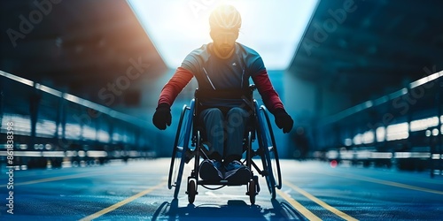 Paralympian competes in wheelchair promoting inclusive sports for people with special needs. Concept Inclusive Sports, Paralympian Athlete, Wheelchair Competition, Special Needs