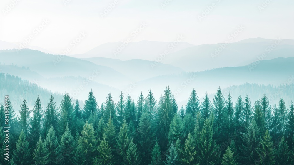 Fototapeta premium A breathtaking view of a forest of evergreen trees in the morning, with a backdrop of misty mountains