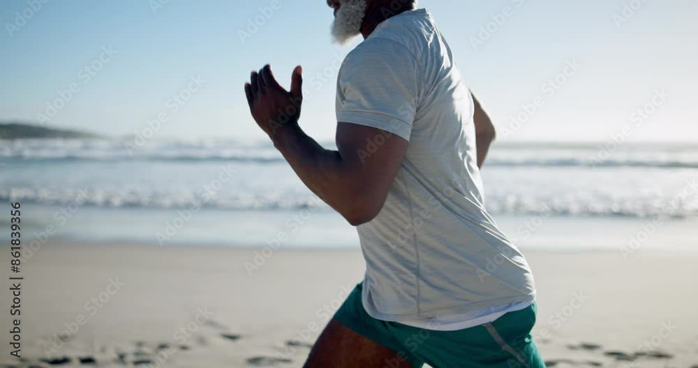 Fitness, health and black man by beach running for race, workout or marathon training with wellness. Sports, energy and mature African male athlete runner by tropical ocean or sea for cardio exercise Fitness, health and black man by beach running for race, workout or marathon training with wellness. Sports, energy and mature African male athlete runner by tropical ocean or sea for cardio exercise