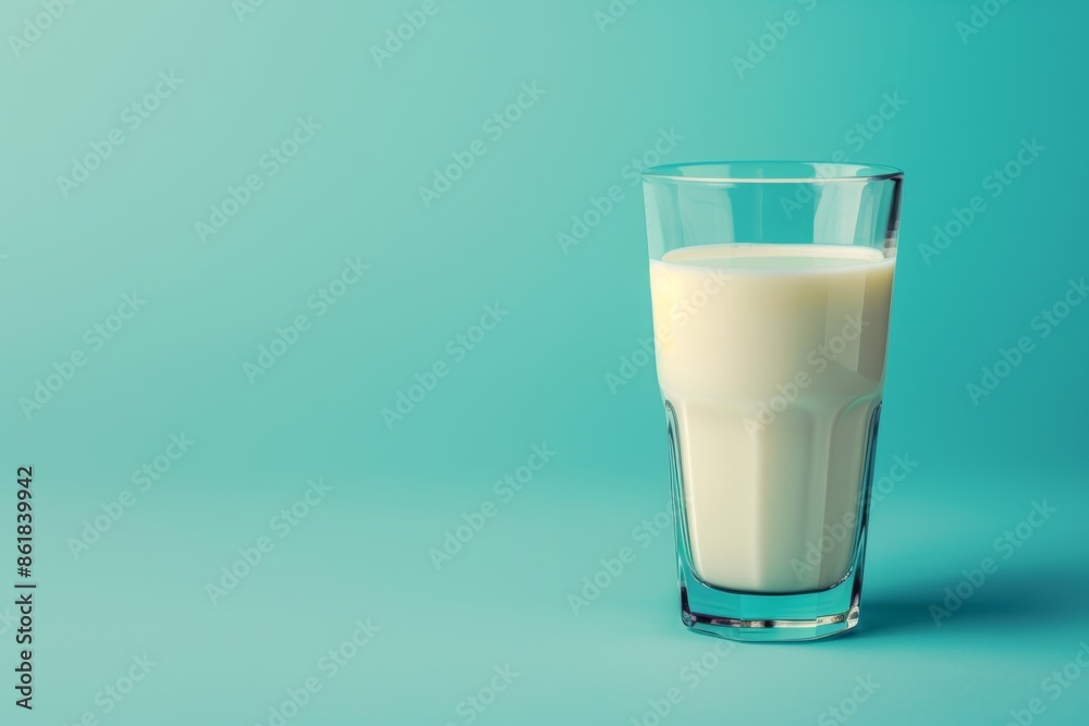 Glass of milk showcased against a vivid blue background, creating a visually appealing contrast Glass of milk showcased against a vivid blue background, creating a visually appealing contrast