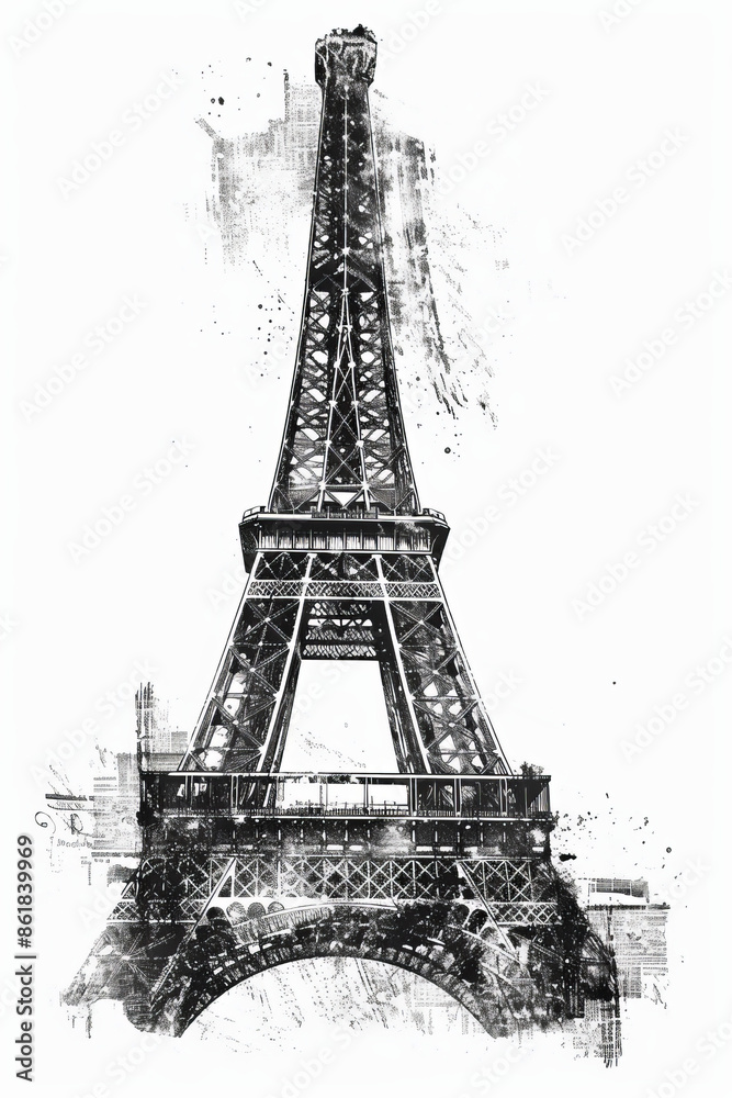 Fototapeta premium Vintage Eiffel Tower Logo with Rough Distressed Style 