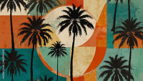 Artistic abstract summer collage palm trees beach scenery in sunset hues vintage charm vibrant tropical textures