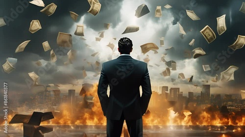 A businessman is standing under the banknotes and coins rain. Smoke, fire and destroyed street around. Financial failure or crisis background