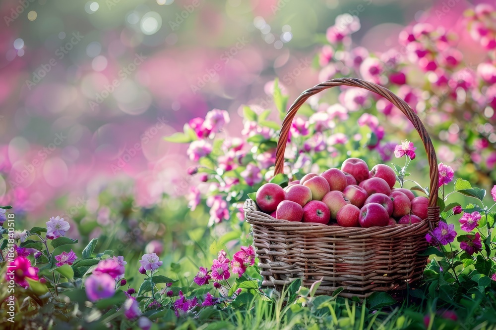 Vivid apple orchard with blooming trees, rosy apples, colorful harvest in basket Vivid apple orchard with blooming trees, rosy apples, colorful harvest in basket
