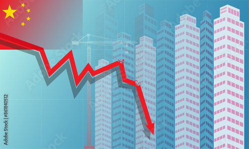 economic decline chart Chinese property sector crisis, financial crisis, China's Real Estate slump, flag of China and stock market down