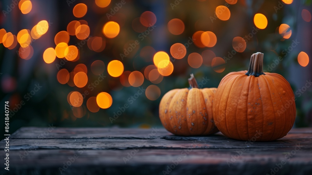 Halloween, orange pumpkins on a wooden table on a bokeh glowing background, copy space Halloween, orange pumpkins on a wooden table on a bokeh glowing background, copy space