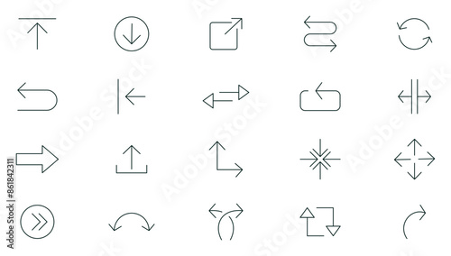 Arrow line icon set. Black arrow outline icon collection. UI thin outline icons pack.