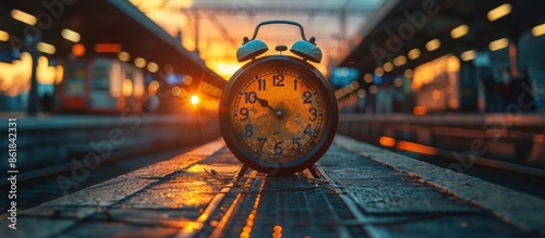 A clock is sitting on a train platform at sunset photo