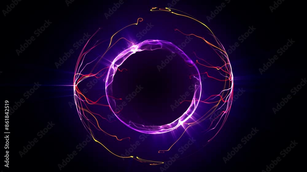 Abstract electric sphere with magnetic poles and liquid plasma flow on a shiny dark background. Seamless loop animation of bright energy ball made of floating orange and purple glow waves. 4k 60fps