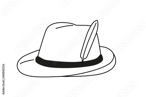 German hunting hat with feather illustration. Black white line vector graphic. 	