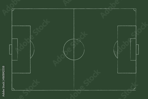 Soccer field plan with white line markings on dark green background. Top view vector illustration. Football team games concept. Sports training and strategy.