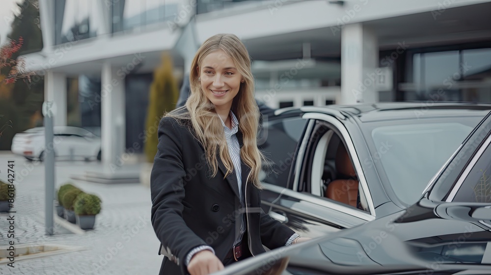 Professional businesswoman in a black blazer smiles by a black car outside a modern office building, ready to enter. Setting signals professionalism Professional businesswoman in a black blazer smiles by a black car outside a modern office building, ready to enter. Setting signals professionalism