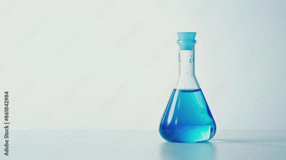 Laboratory glassware containing blue liquid on white background with space for text Laboratory glassware containing blue liquid on white background with space for text