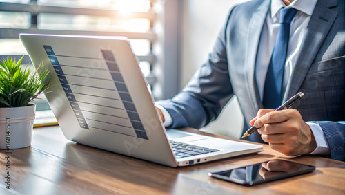 Businessperson completing digital checklist on laptop. Concept of productivity and task management. Useful for project planning, organizational strategy, and corporate efficiency visuals. photo