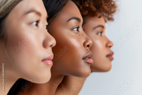 Three diverse women in profile against a white background. The image highlights beauty and unity