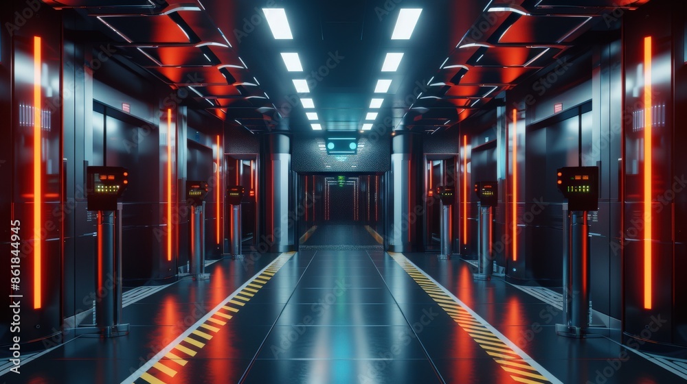 A futuristic, brightly lit hallway with red and yellow lights