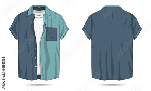 Two color casual button down collar shirt template, front and back view